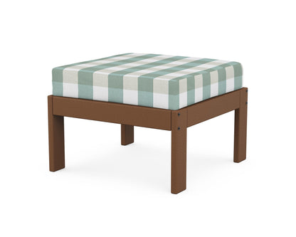 POLYWOOD® Vineyard Modular Ottoman in Teak / Buffalo Plaid Glacier Spa