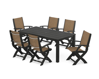 POLYWOOD® Coastal Folding Chair 7-Piece Parsons Dining Set in Black / Burlap Sling