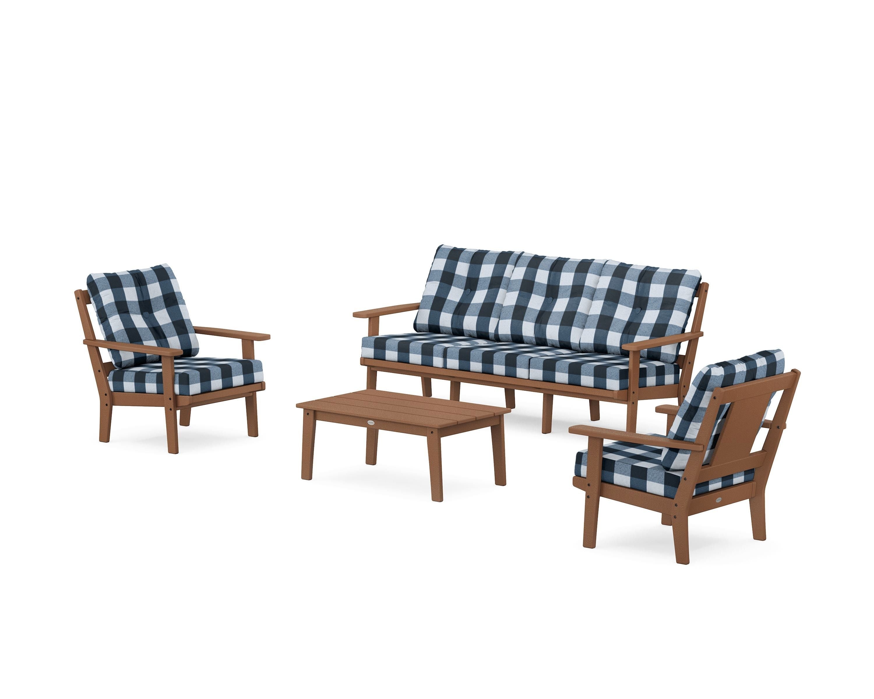 POLYWOOD® Prairie 4-Piece Deep Seating Set with Sofa in Teak / Buffalo Plaid Marine Indigo