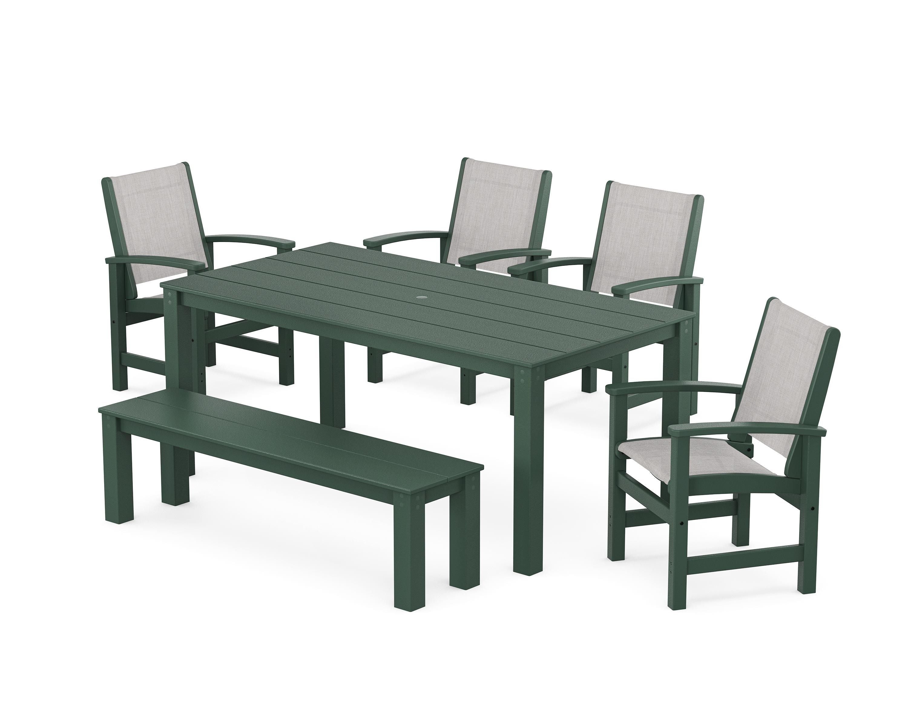 POLYWOOD® Coastal 6-Piece Parsons Dining Set with Bench in Green / Parchment Sling