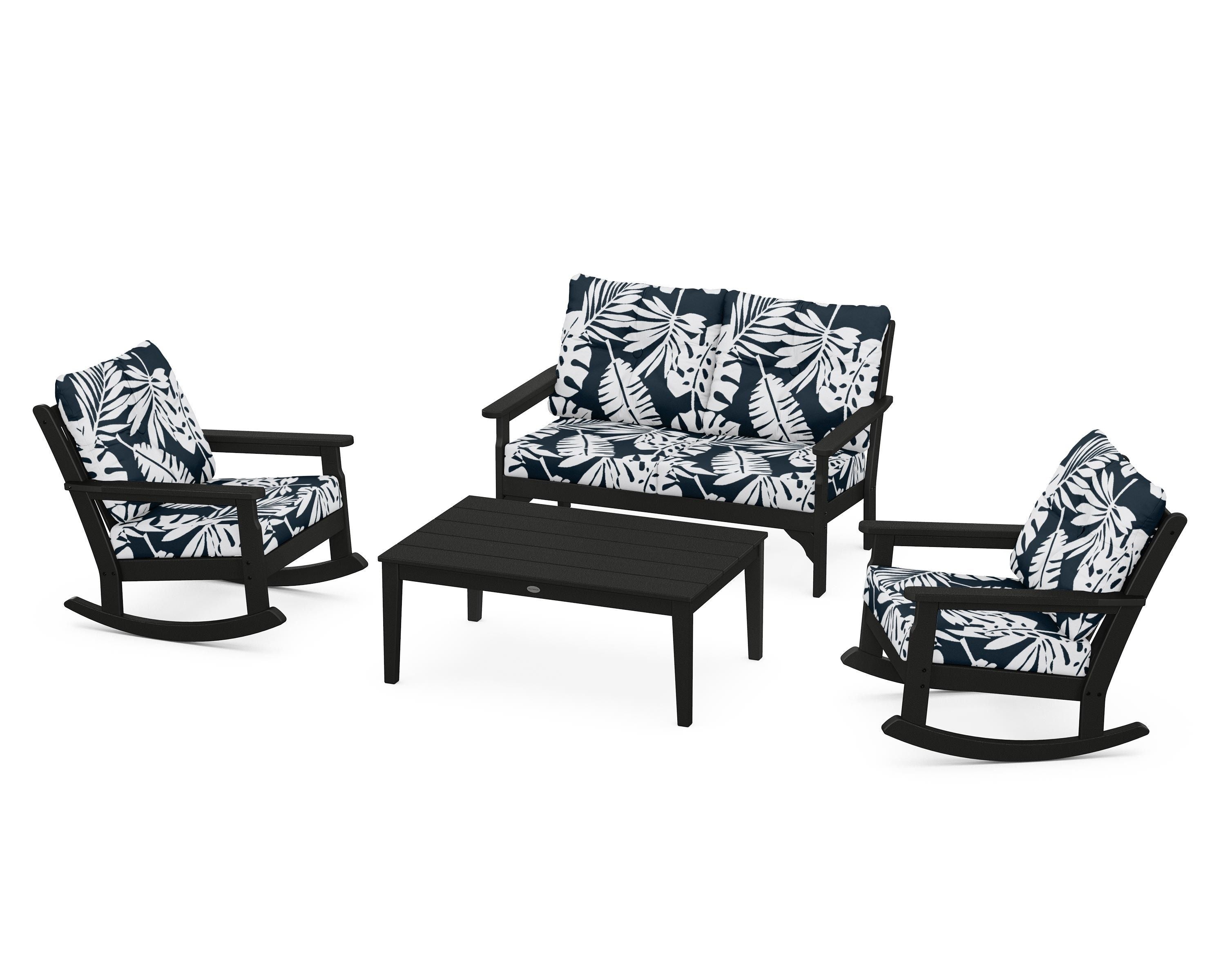 POLYWOOD® Vineyard 4-Piece Deep Seating Rocking Chair Set in Black / Leaf Marine Indigo