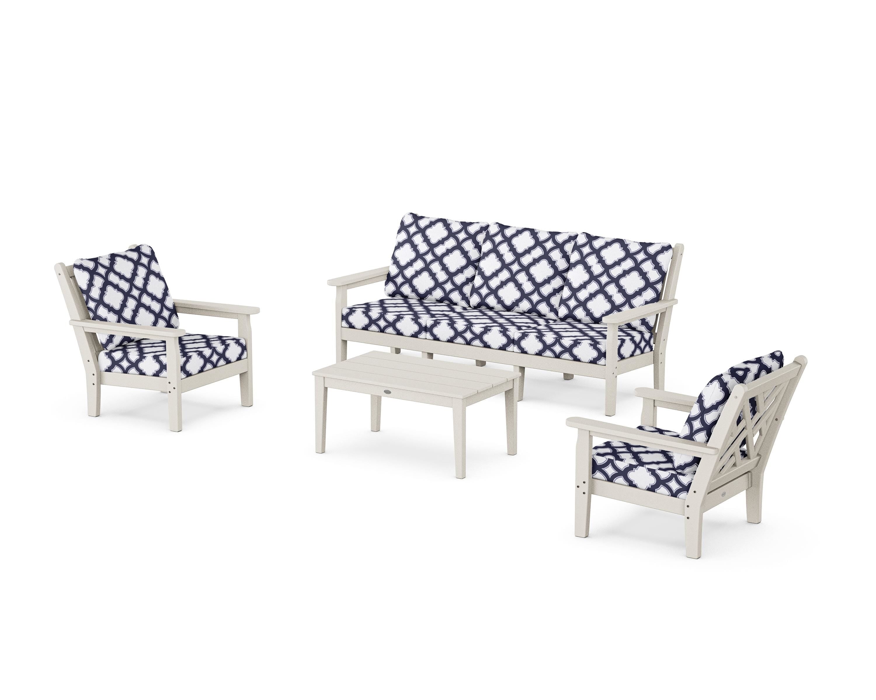 POLYWOOD® Chippendale 4-Piece Deep Seating Set with Sofa in Sand / Trellis Navy