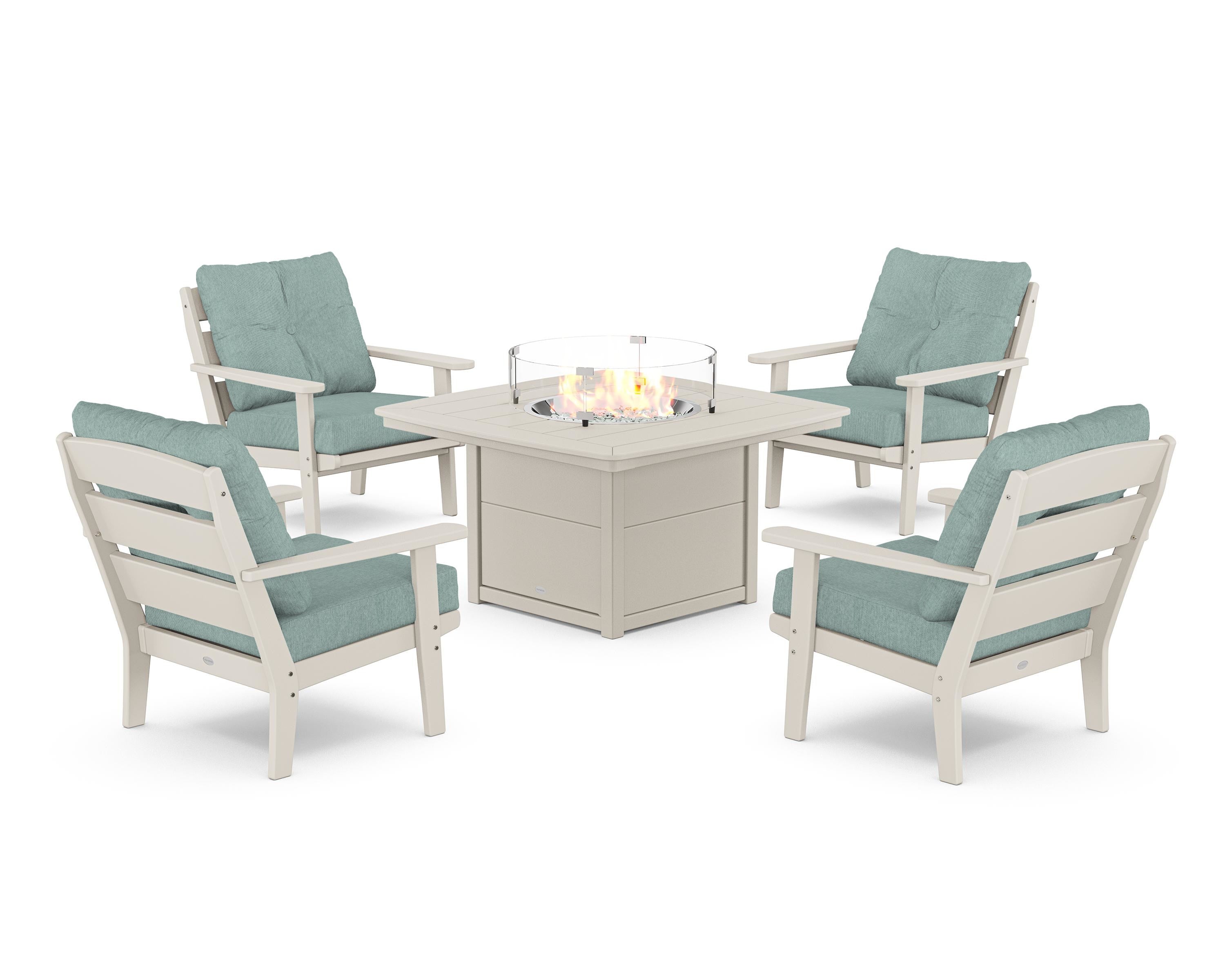 POLYWOOD® Lakeside 5-Piece Deep Seating Set with Nautical Fire Pit Table in Sand / Glacier Spa