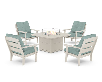 POLYWOOD® Lakeside 5-Piece Deep Seating Set with Nautical Fire Pit Table in Sand / Glacier Spa