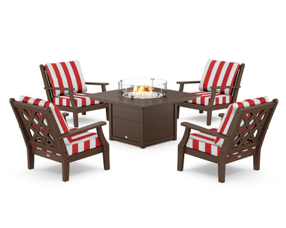 Country Living Wovendale 5-Piece Deep Seating Set with Fire Pit Table in Mahogany / Cabana Stripe Crimson