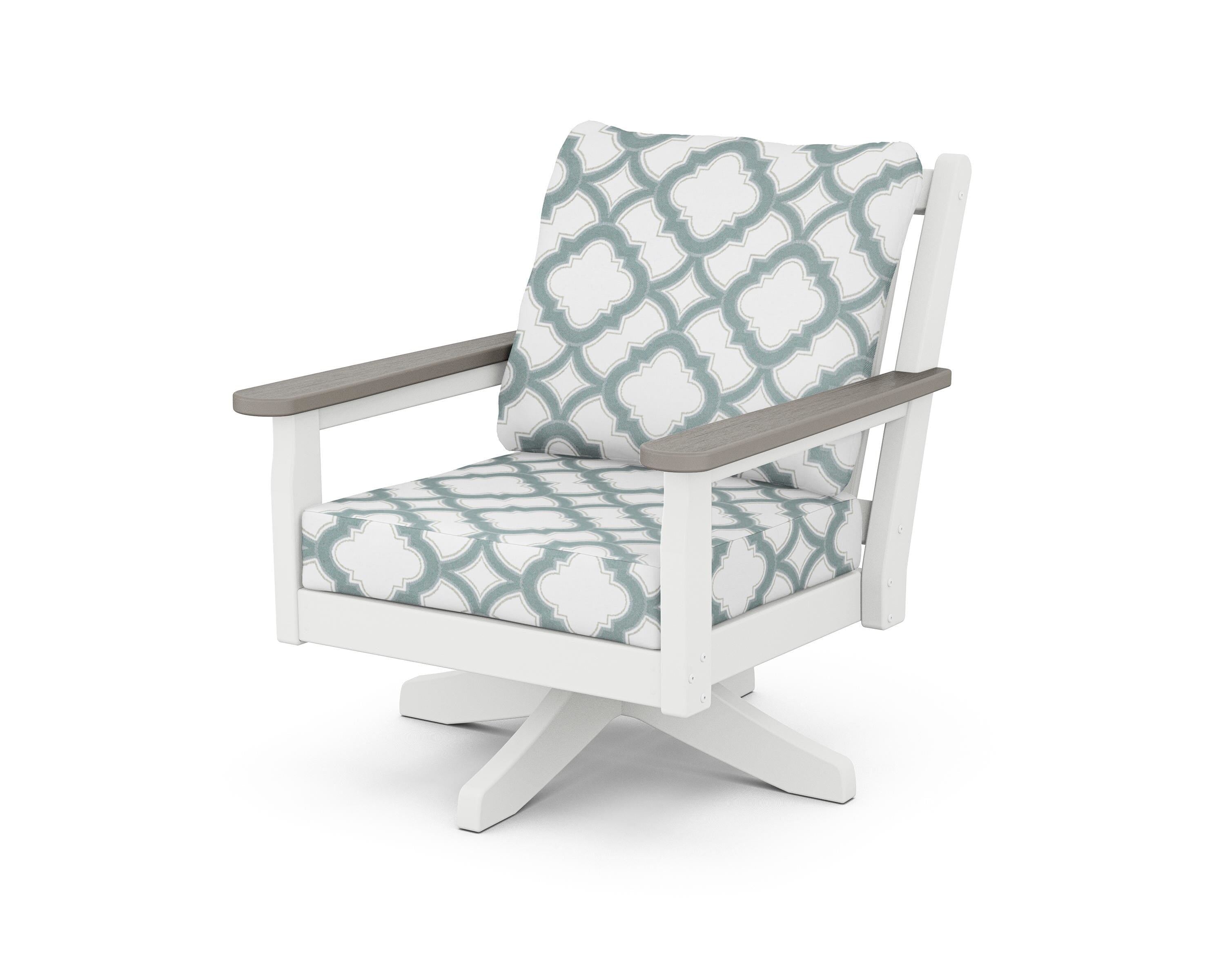 POLYWOOD® Chippendale Deep Seating Swivel Chair in White / Driftwood / Trellis Glacier Spa