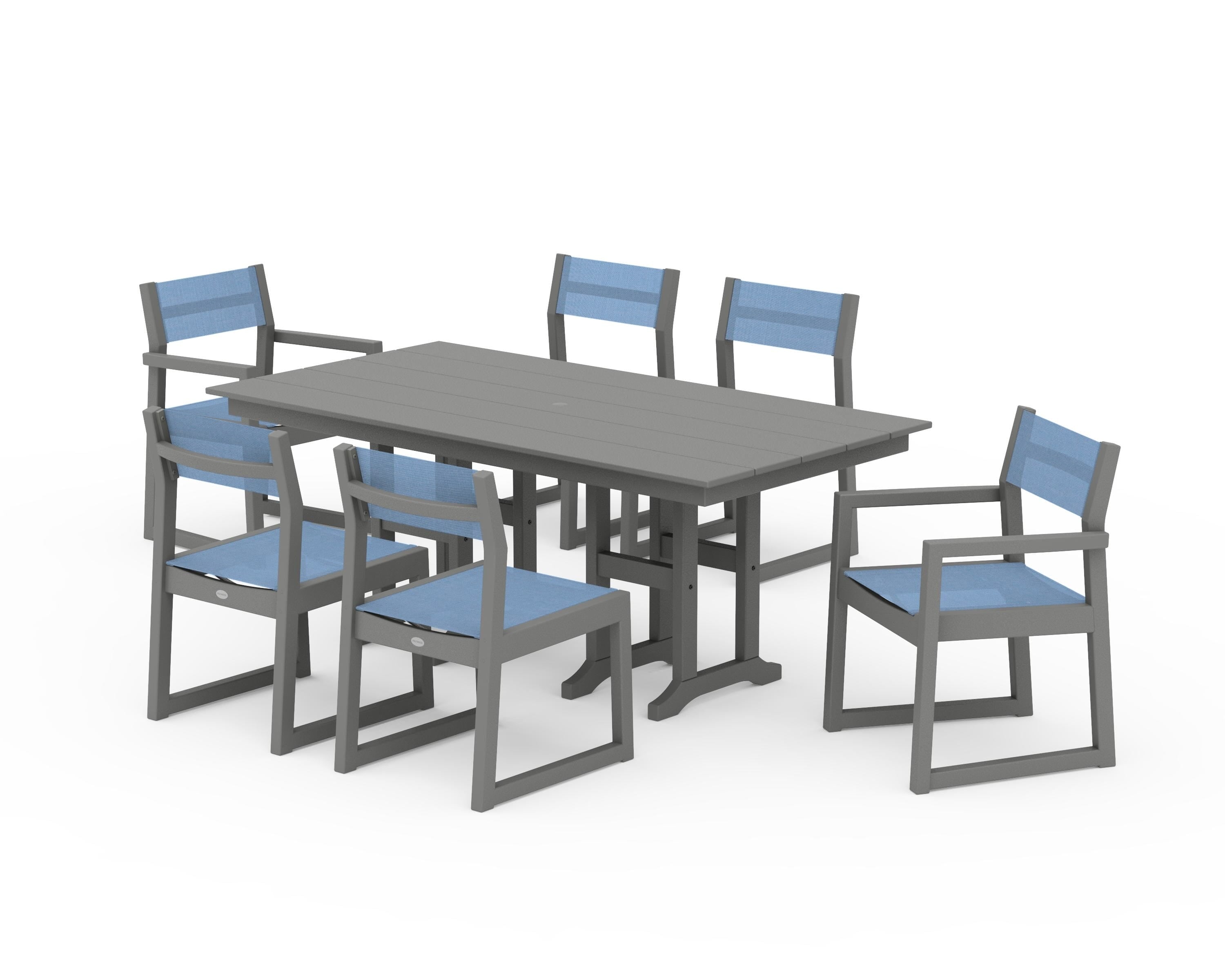 POLYWOOD® EDGE Sling 7-Piece Farmhouse Dining Set in Slate Grey / Poolside Sling