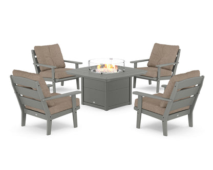 POLYWOOD® Lakeside 5-Piece Deep Seating Set with Nautical Fire Pit Table in Slate Grey / Spiced Burlap