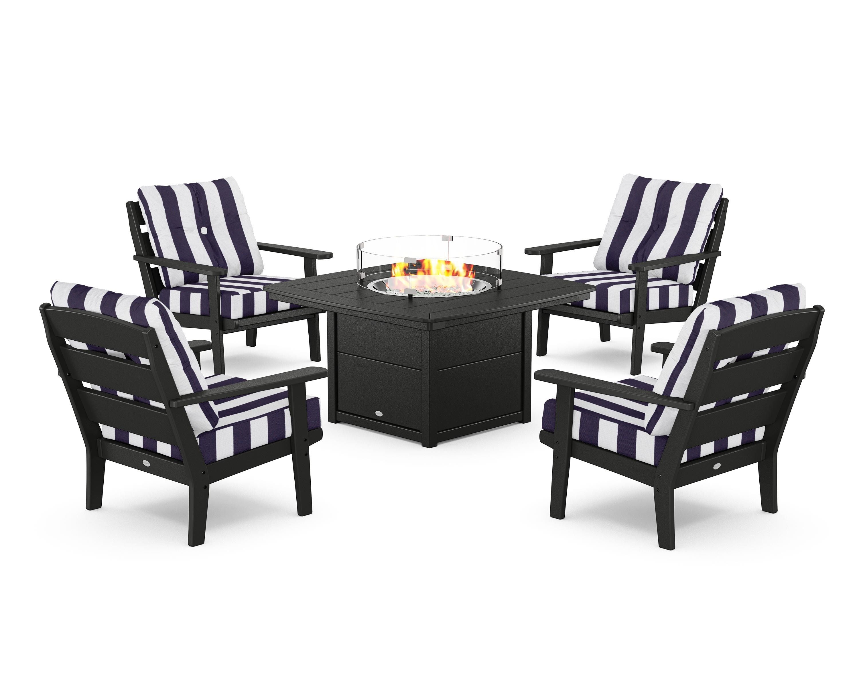 POLYWOOD® Lakeside 5-Piece Deep Seating Set with Nautical Fire Pit Table in Black / Cabana Stripe Navy