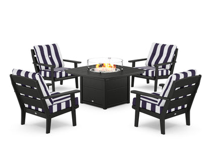 POLYWOOD® Lakeside 5-Piece Deep Seating Set with Nautical Fire Pit Table in Black / Cabana Stripe Navy