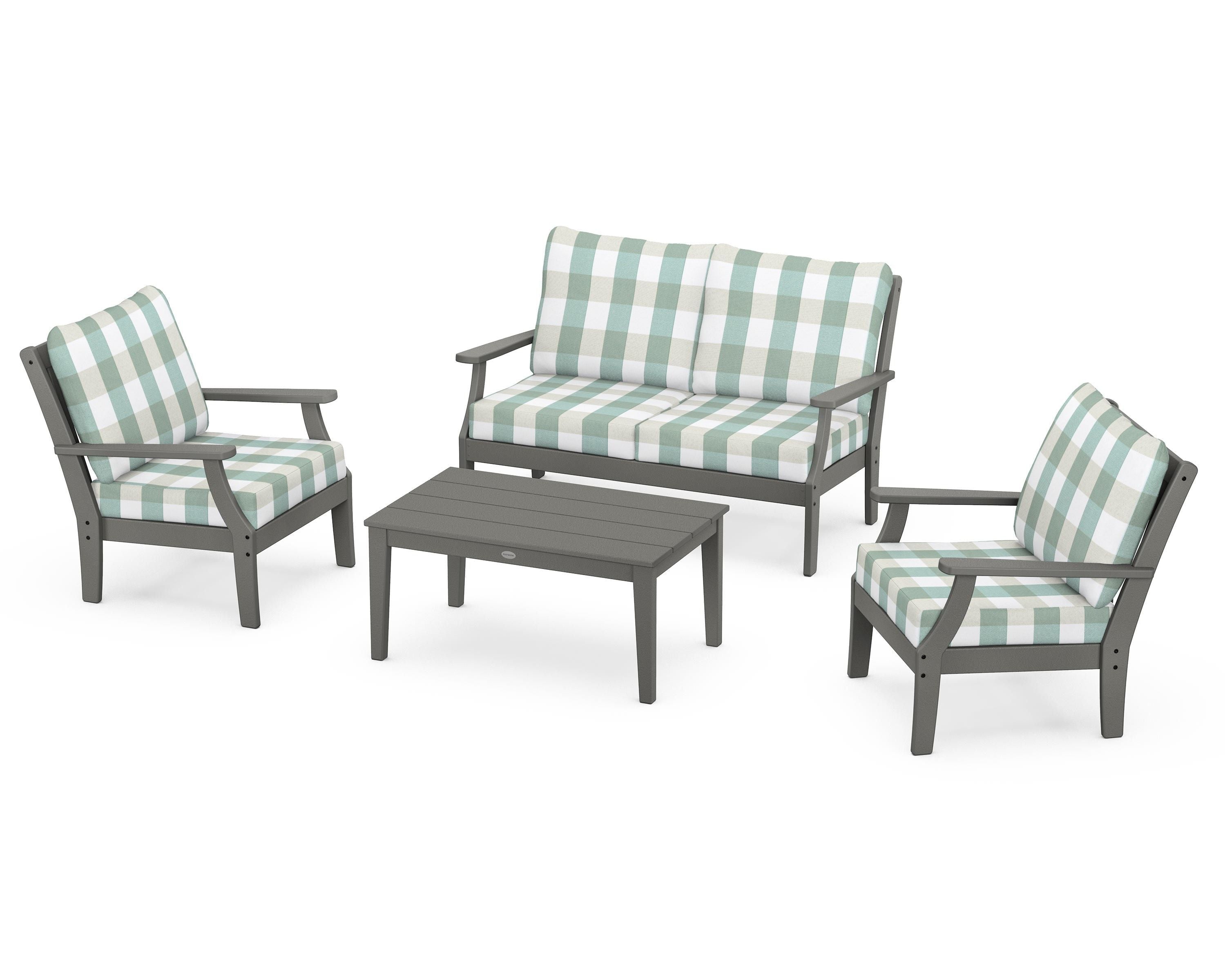 POLYWOOD® Braxton 4-Piece Deep Seating Chair Set in Slate Grey / Buffalo Plaid Glacier Spa
