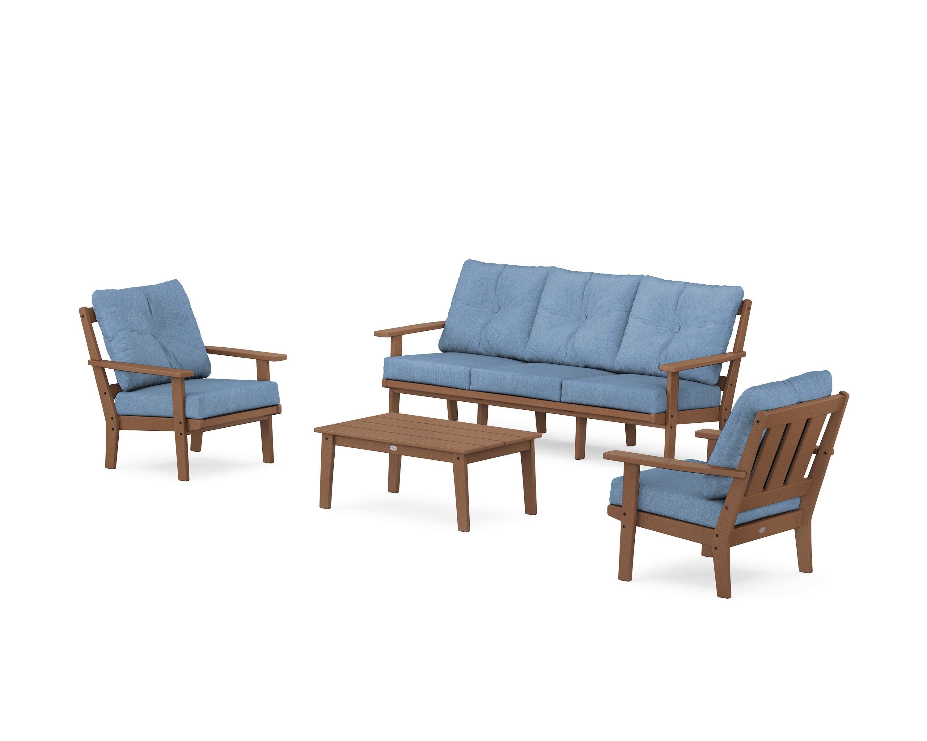 POLYWOOD® Oxford 4-Piece Deep Seating Set with Sofa in Teak / Sky Blue