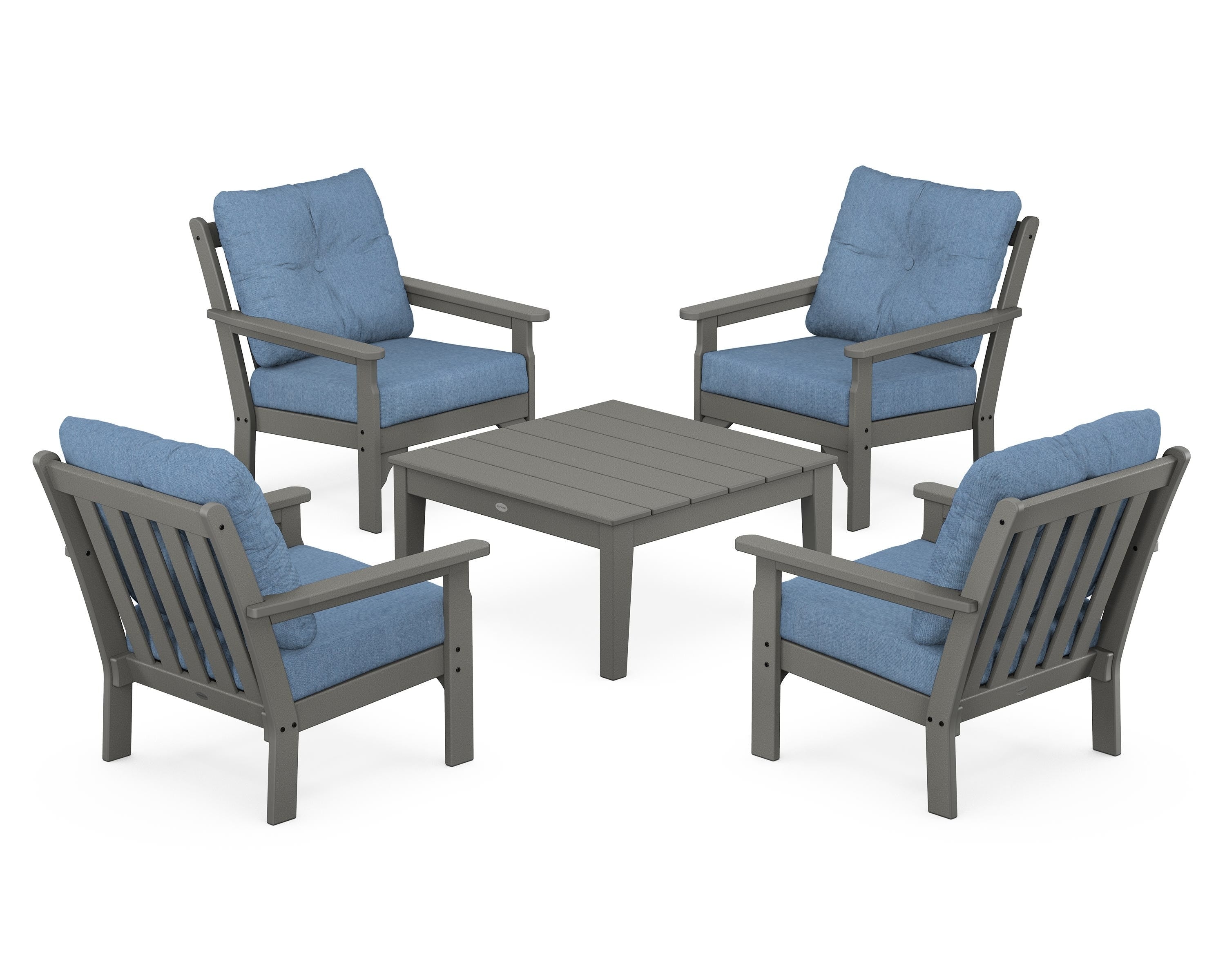 POLYWOOD® Vineyard 5-Piece Deep Seating Conversation Set in Slate Grey / Sky Blue