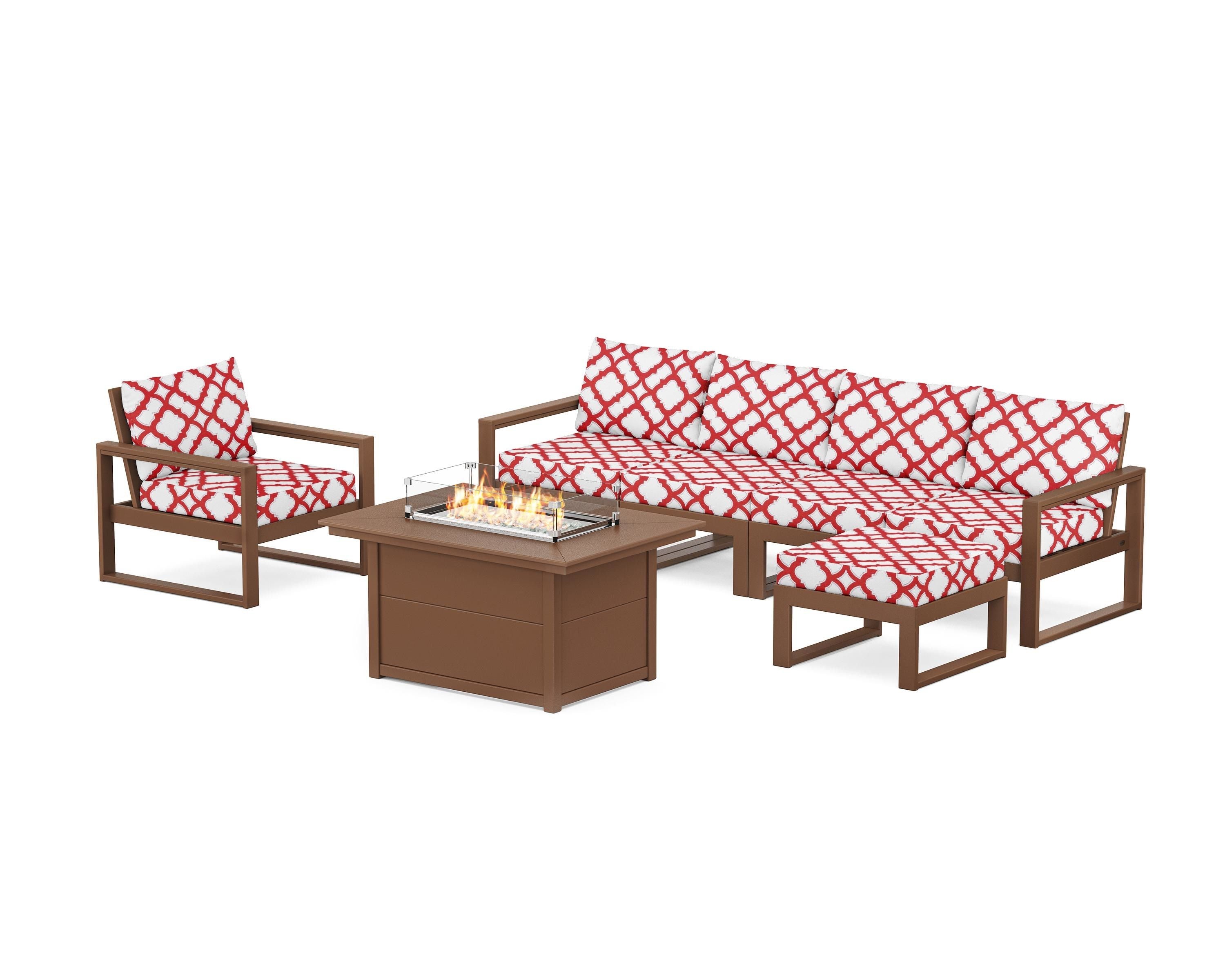POLYWOOD® EDGE Sectional Lounge and Fire Pit Set in Teak / Trellis Crimson