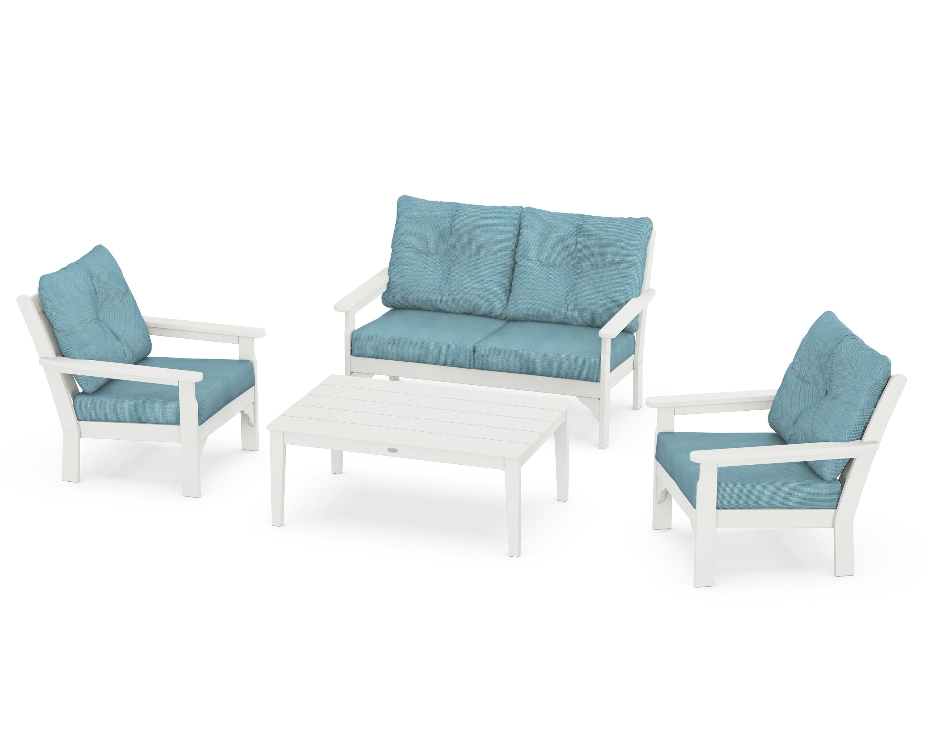 POLYWOOD® Vineyard 4-Piece Deep Seating Set in Vintage White / Lattice Sky Blue