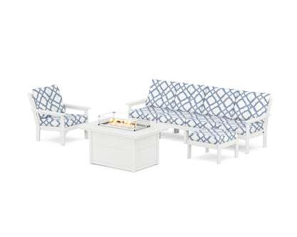 POLYWOOD® Vineyard Sectional Lounge and Fire Pit Set in White / Trellis Sky Blue