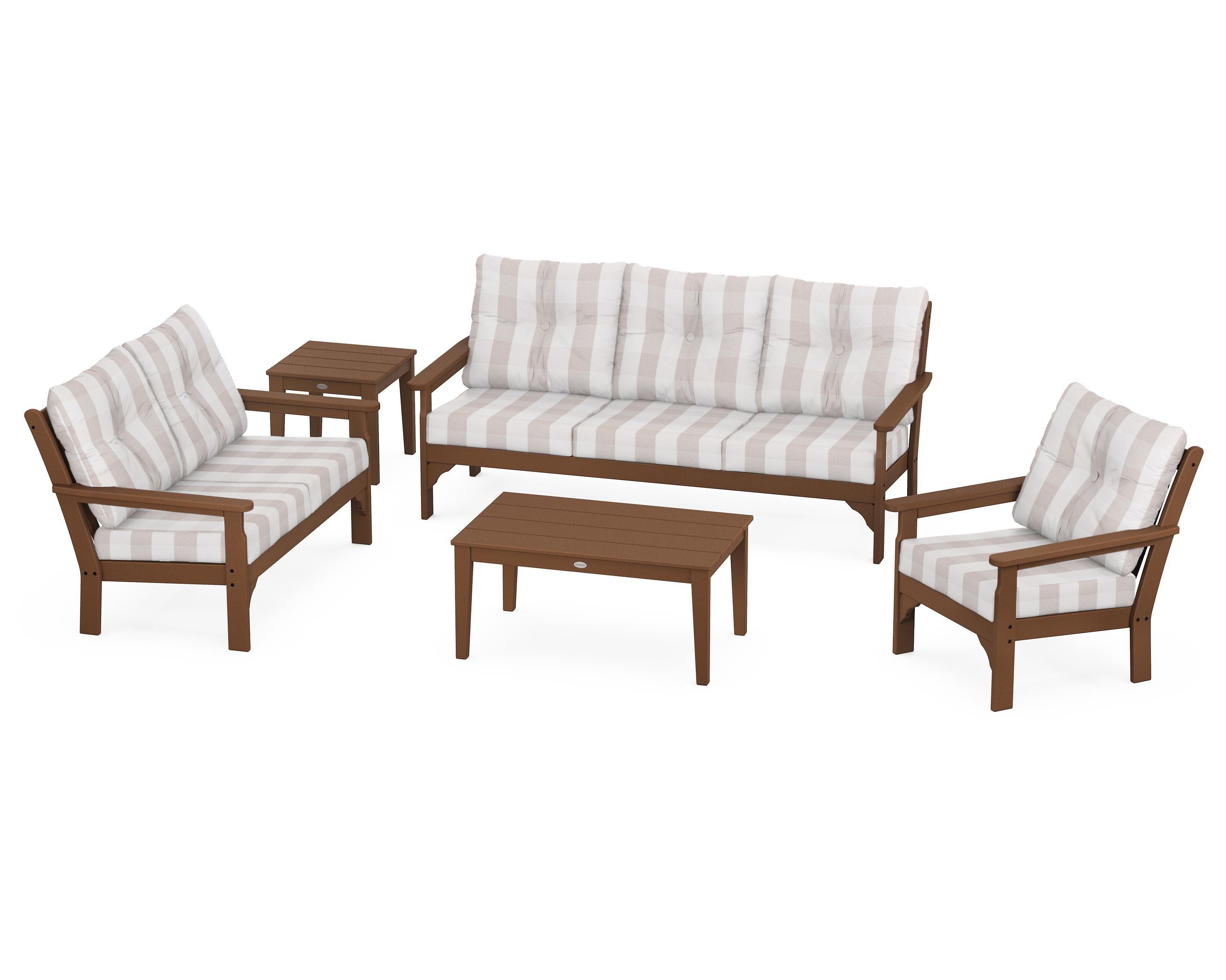 POLYWOOD® Vineyard 5 Piece Deep Seating Set in Teak / Buffalo Plaid Dune Burlap
