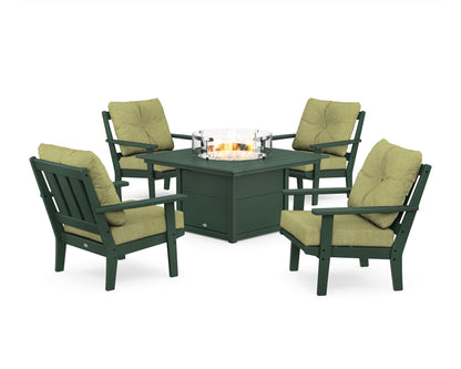 POLYWOOD® Oxford 5-Piece Deep Seating Set with Fire Pit Table in Green / Chartreuse Boucle