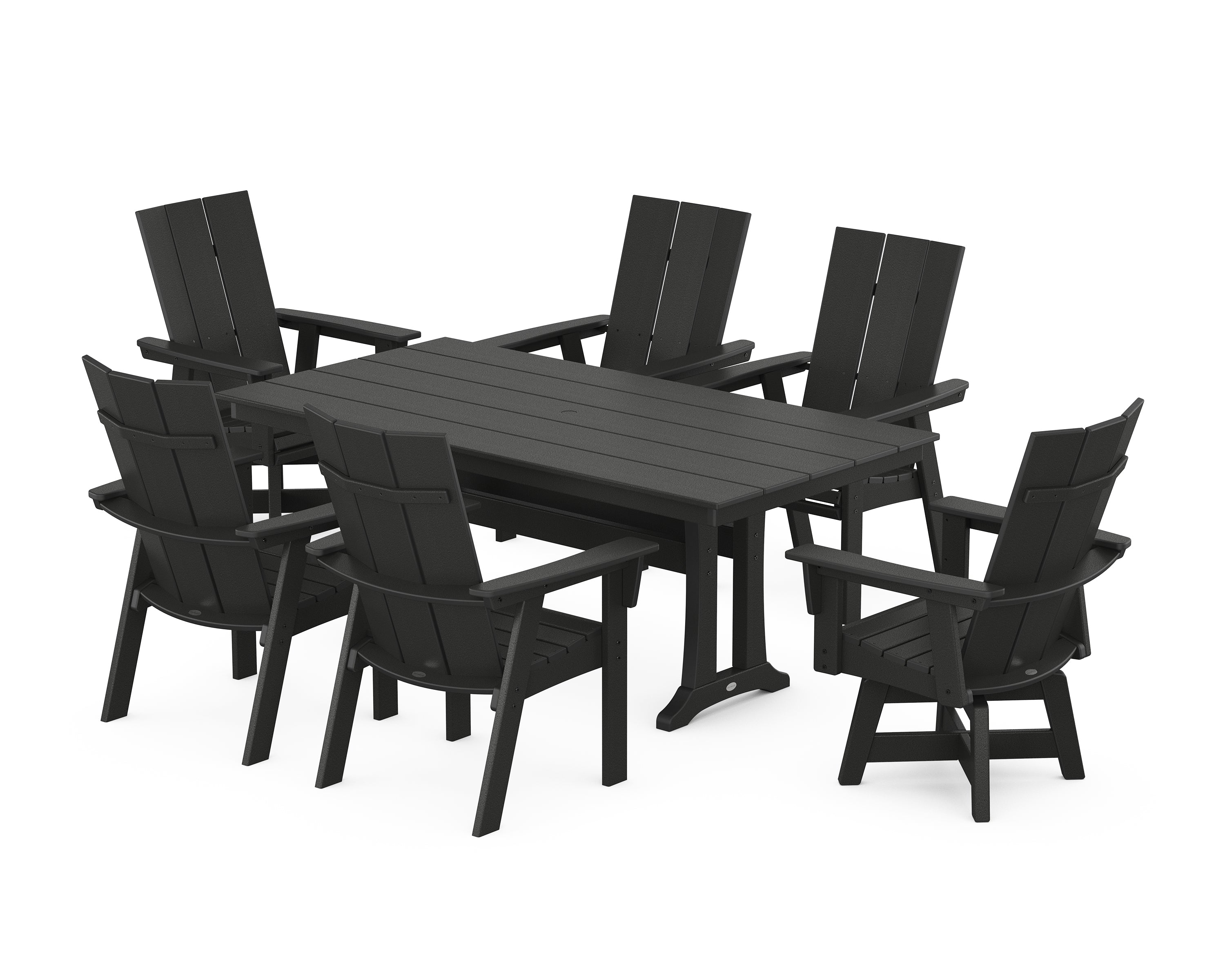 POLYWOOD® Modern Curveback Adirondack Swivel Chair 7-Piece Farmhouse Dining Set With Trestle Legs in Black
