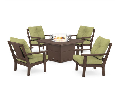 POLYWOOD® Prairie 5-Piece Deep Seating Set with Fire Pit Table in Mahogany / Chartreuse Boucle
