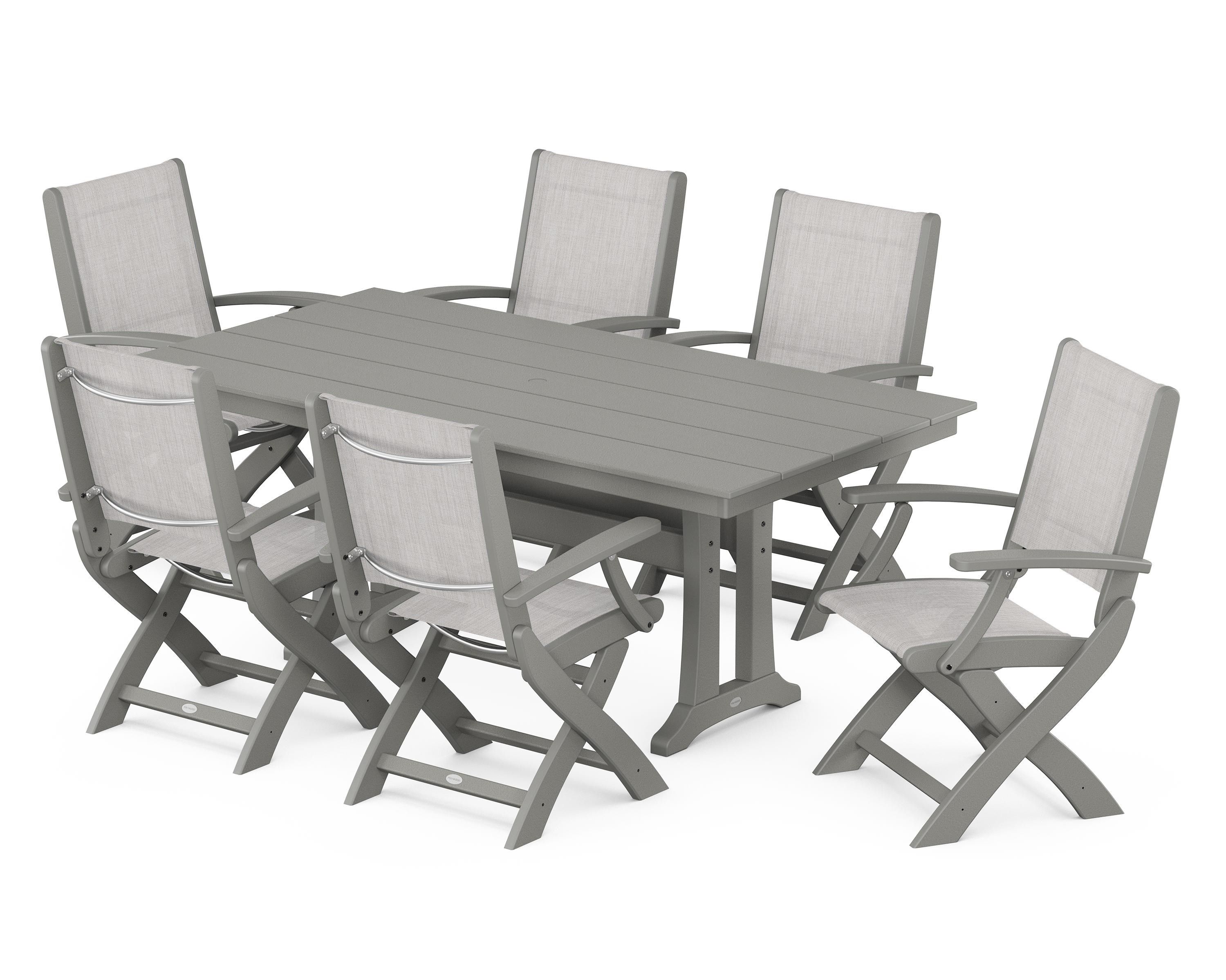 POLYWOOD® Coastal Folding Arm Chair 7-Piece Farmhouse Dining Set with Trestle Legs in Slate Grey / Parchment Sling