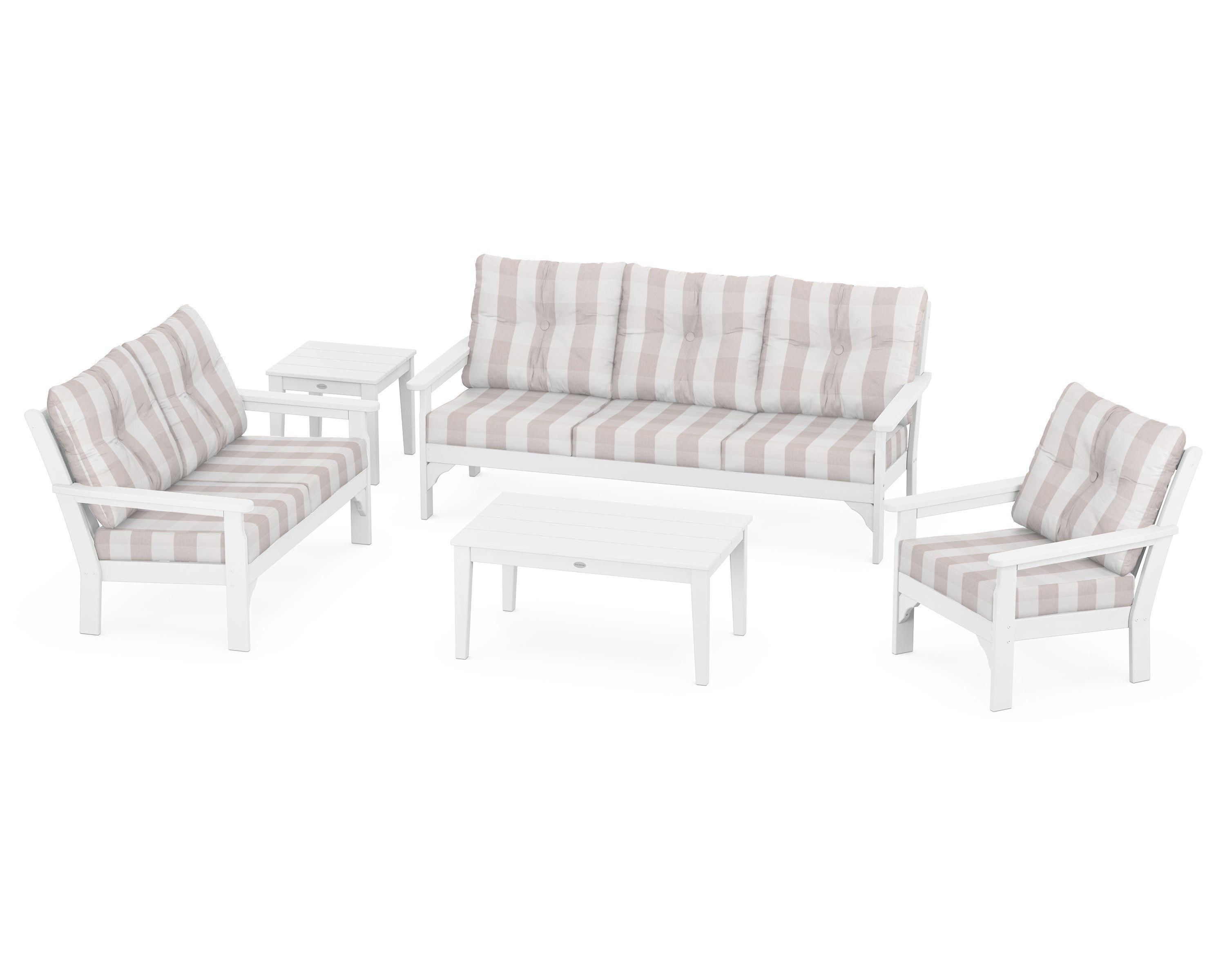 POLYWOOD® Vineyard 5 Piece Deep Seating Set in White / Buffalo Plaid Dune Burlap