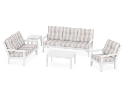 POLYWOOD® Vineyard 5 Piece Deep Seating Set in White / Buffalo Plaid Dune Burlap