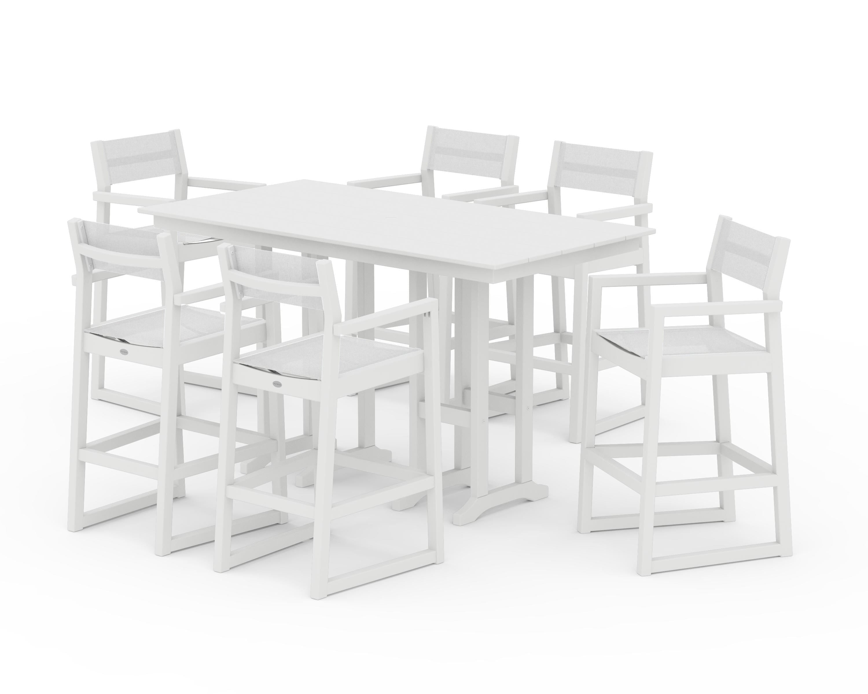 POLYWOOD® EDGE Sling Arm Chair 7-Piece Farmhouse Bar Set in White / White Sling