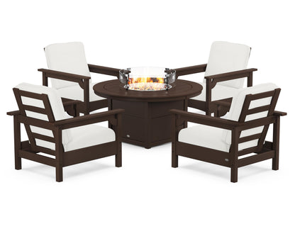 POLYWOOD® Club 5-Piece Conversation Set with Fire Pit Table in Mahogany / Natural Linen