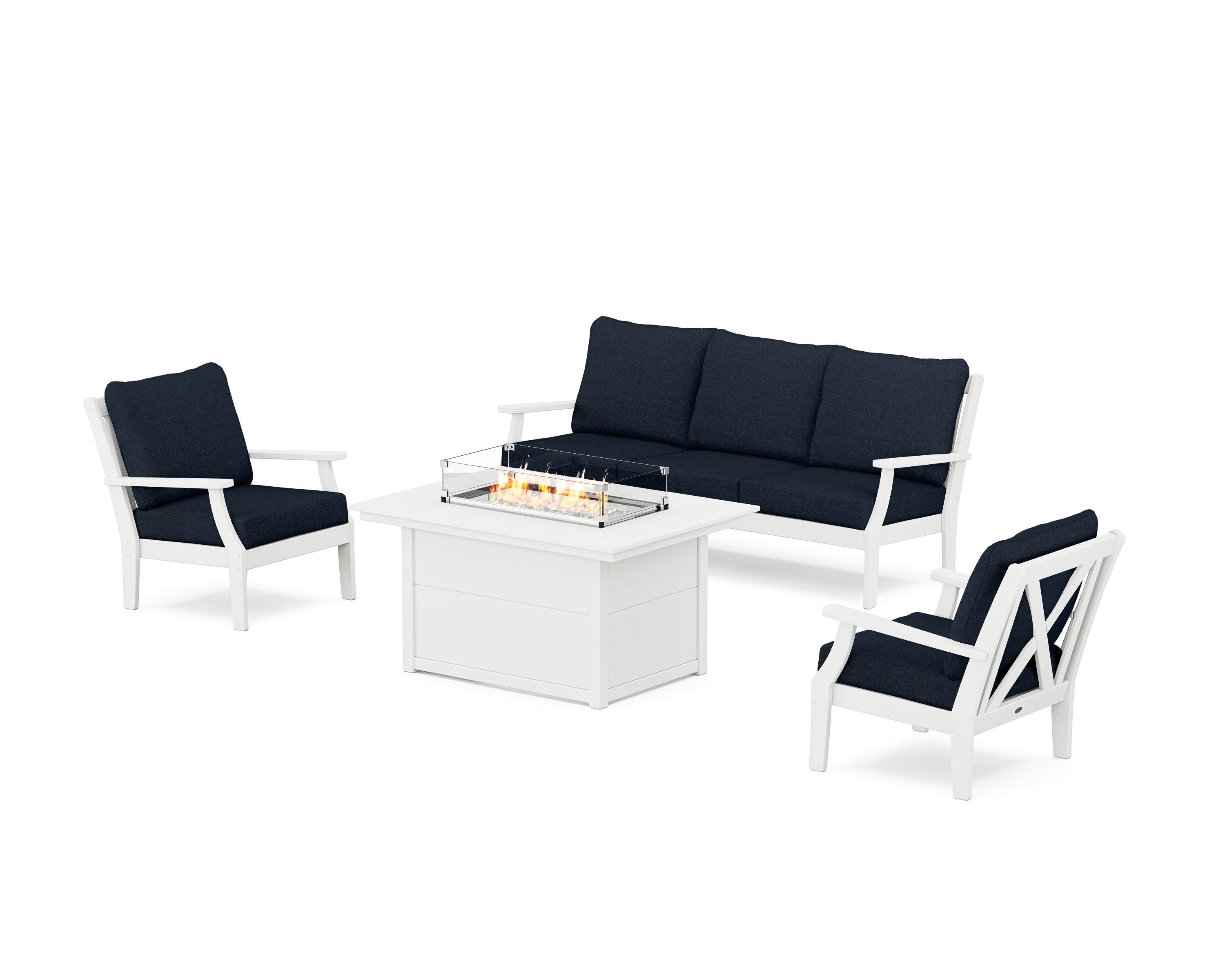 POLYWOOD® Braxton Deep Seating Fire Pit Table Set in White / Marine Indigo