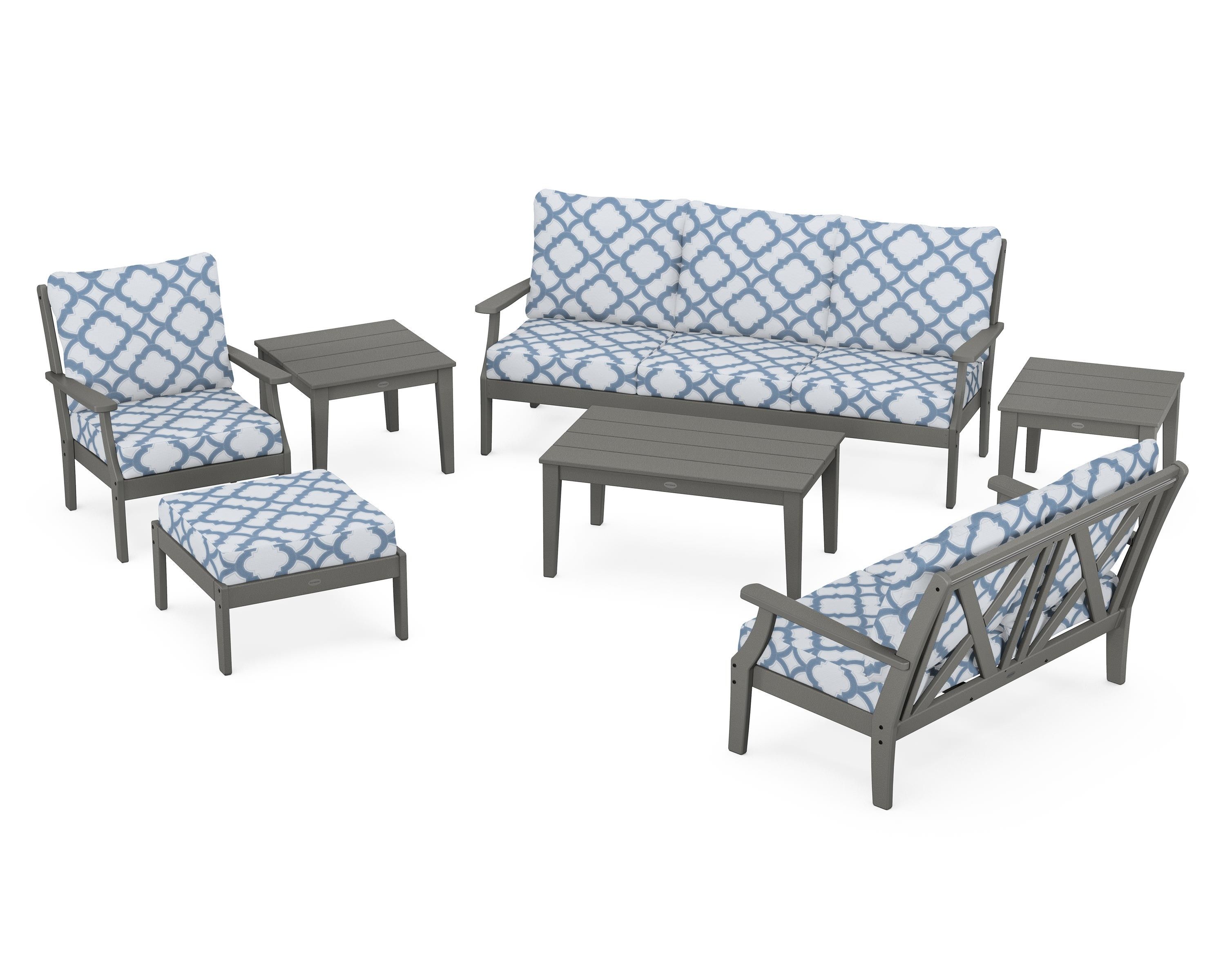 POLYWOOD® Braxton 7-Piece Deep Seating Set in Slate Grey / Trellis Sky Blue
