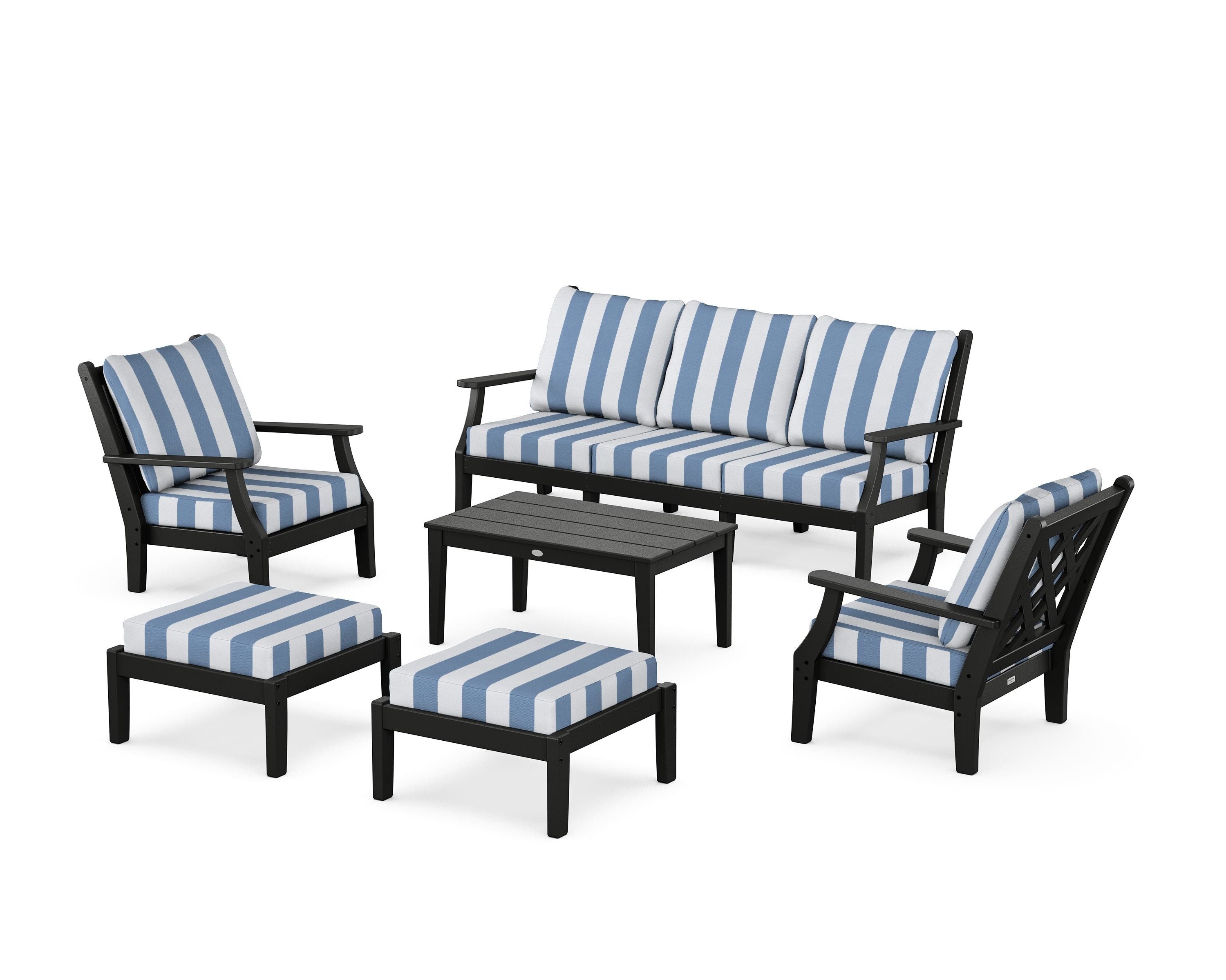 Country Living Wovendale 6-Piece Lounge Sofa Set in Black / Cabana Stripe Sky Blue