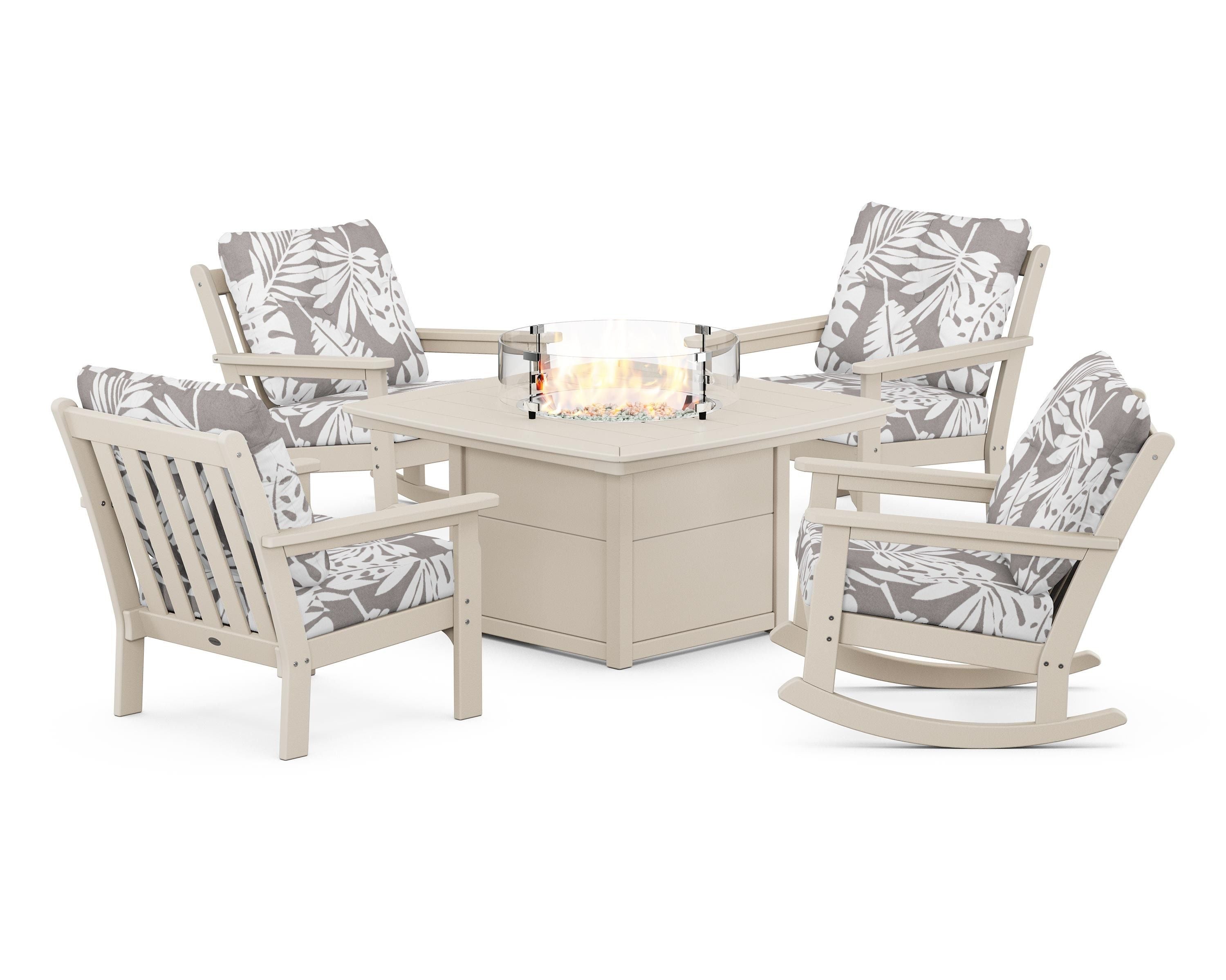 POLYWOOD® Vineyard 5-Piece Deep Seating Rocking Chair Conversation Set with Fire Pit Table in Sand / Leaf Grey Mist