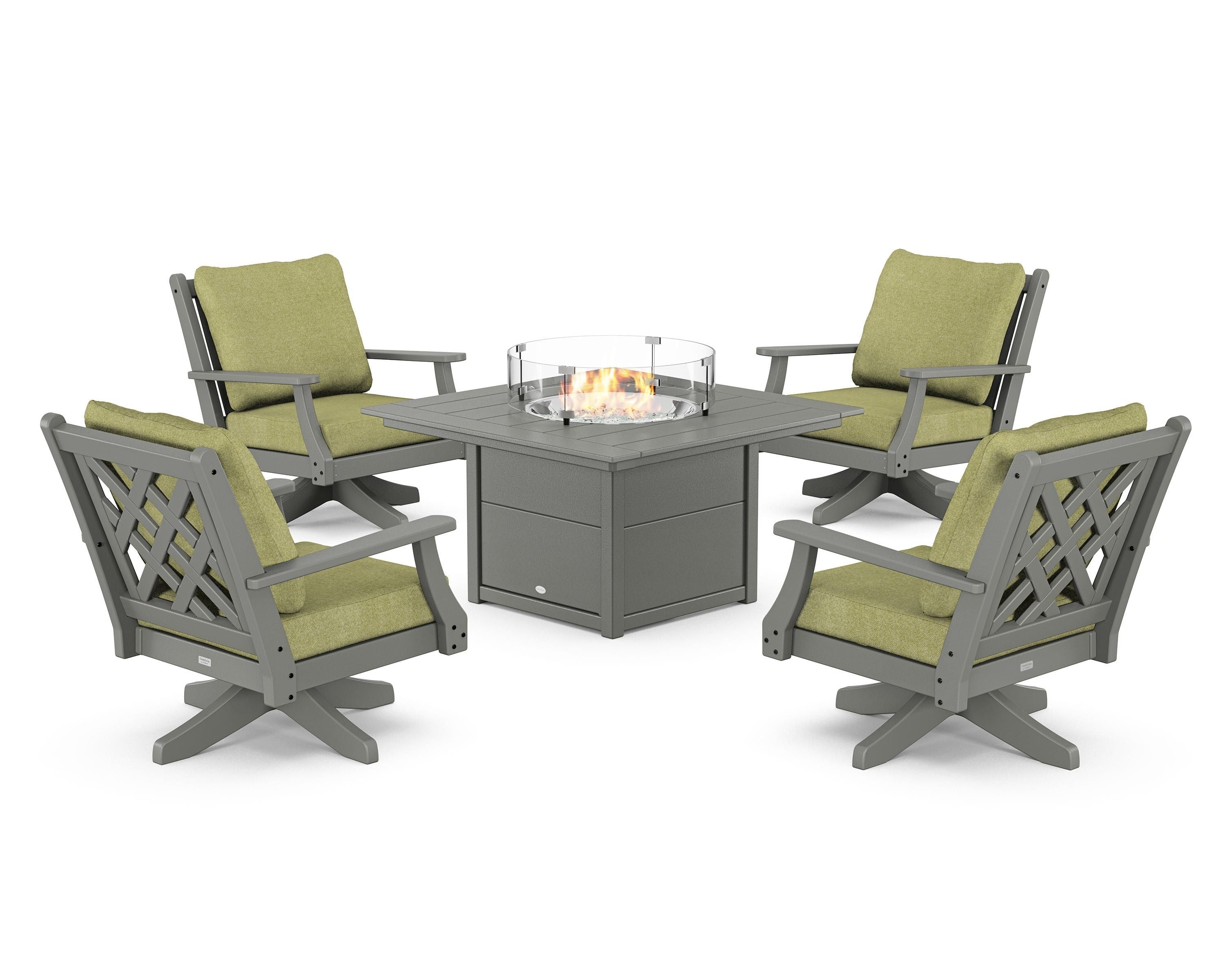 Country Living Wovendale 5-Piece Deep Seating Swivel Conversation Set with Fire Pit Table in Slate Grey / Chartreuse Boucle