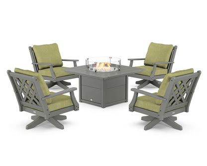 Country Living Wovendale 5-Piece Deep Seating Swivel Conversation Set with Fire Pit Table in Slate Grey / Chartreuse Boucle