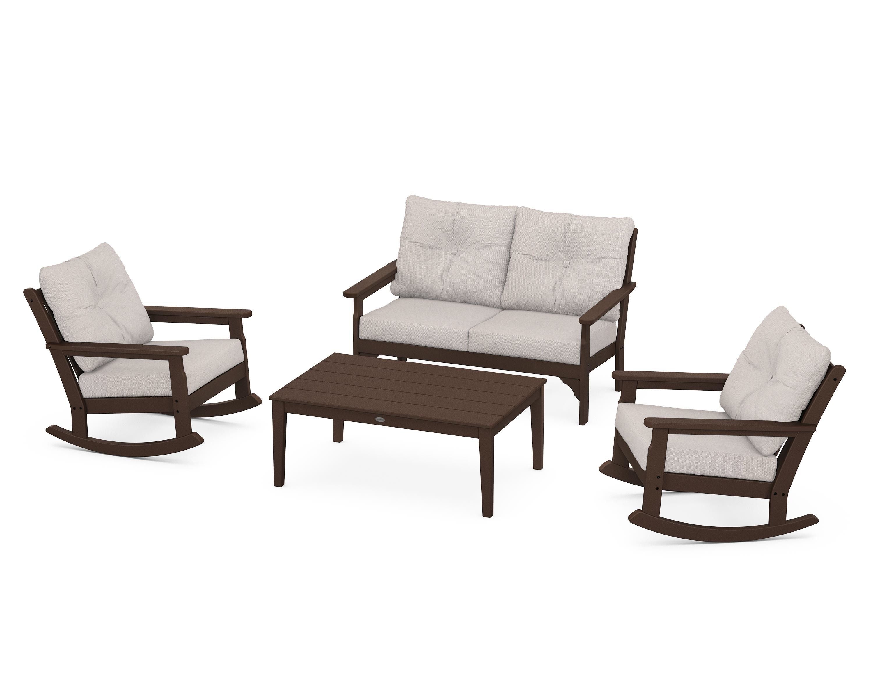 POLYWOOD® Vineyard 4-Piece Deep Seating Rocking Chair Set in Mahogany / Dune Burlap