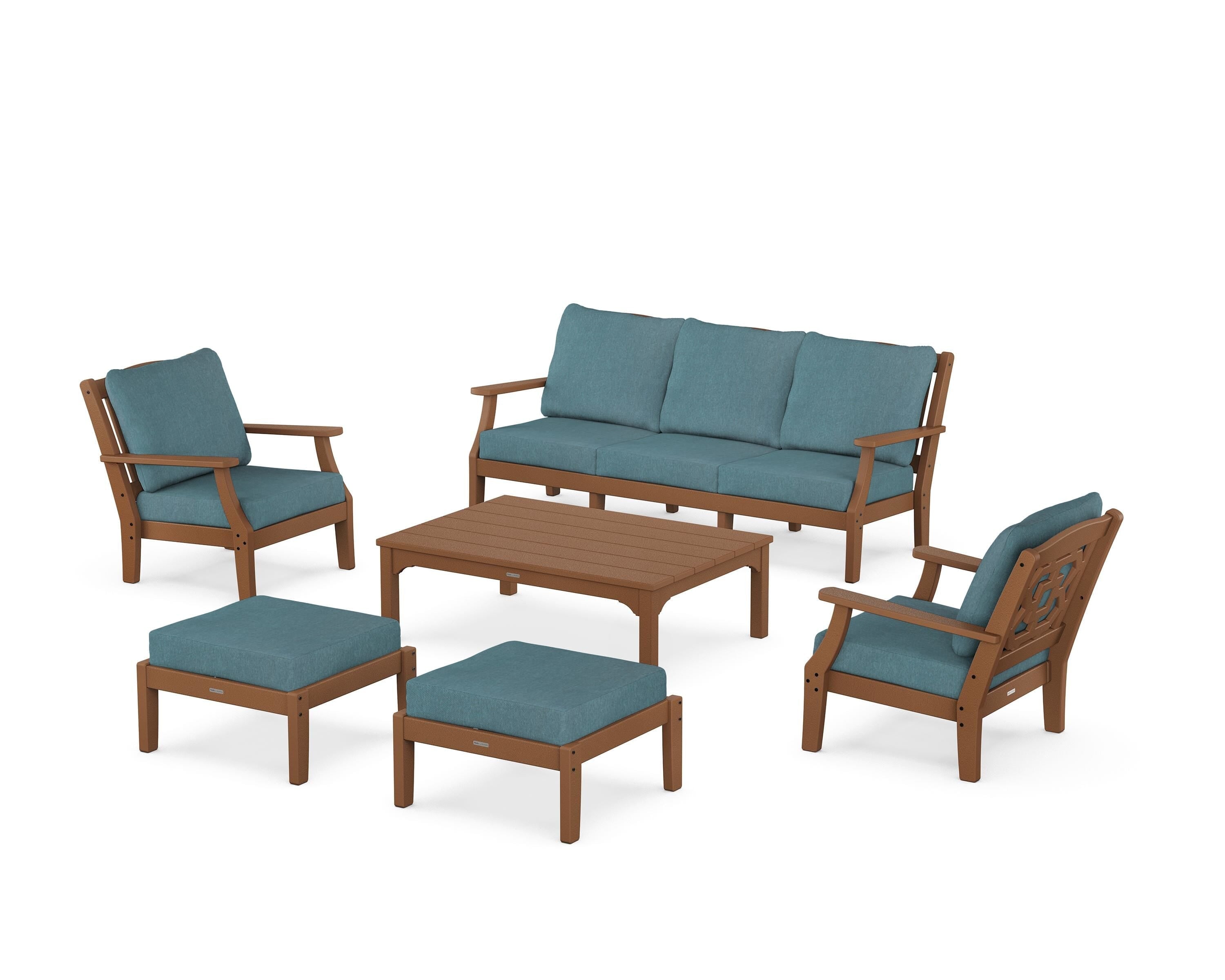 Martha Stewart by POLYWOOD® Chinoiserie 6-Piece Lounge Sofa Set in Teak / Ocean Teal