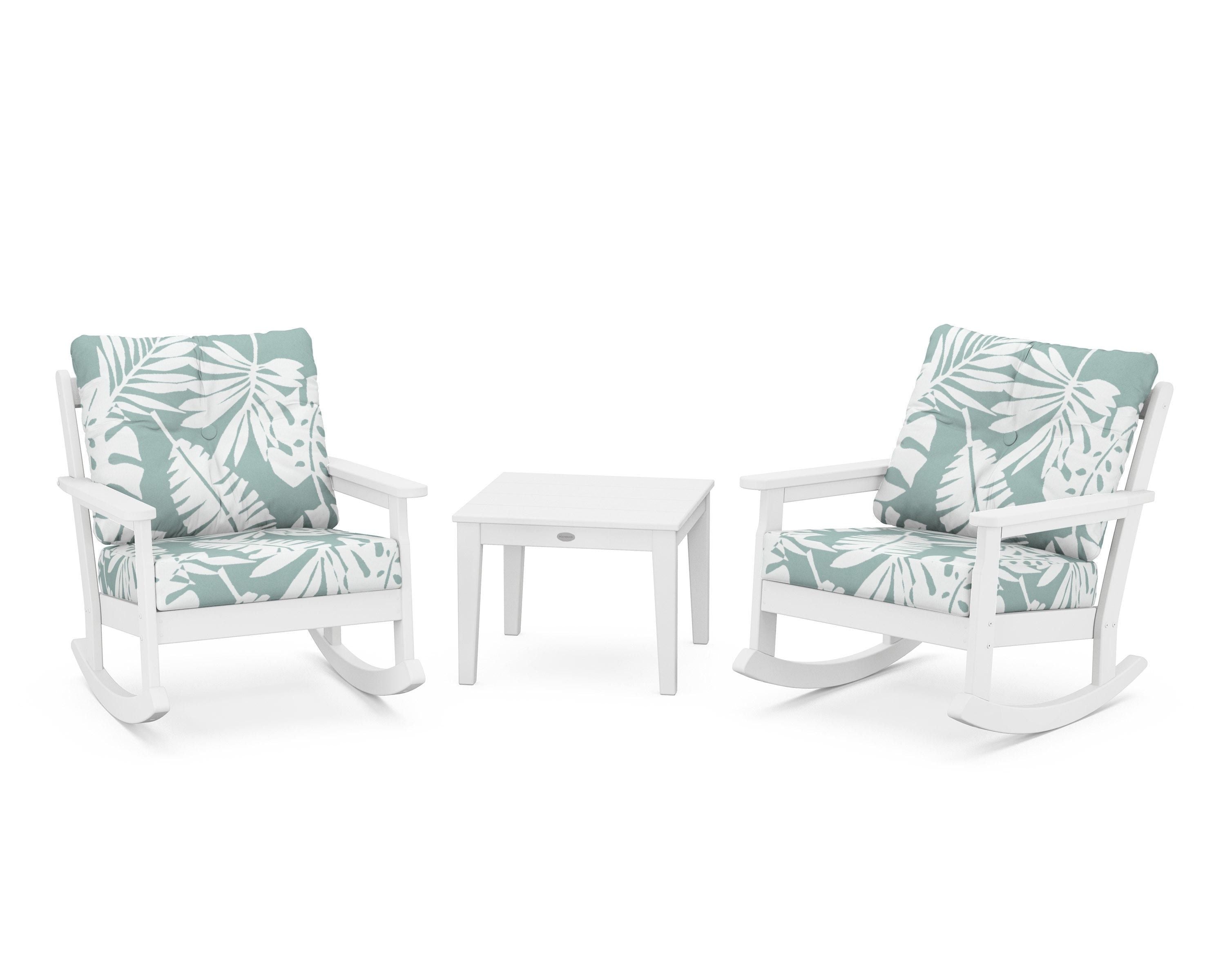 POLYWOOD® Vineyard 3-Piece Deep Seating Rocker Set in White / Leaf Glacier Spa