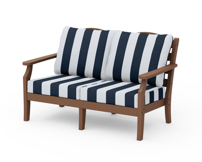 Draper James™ by  POLYWOOD® Savannah Deep Seating Loveseat in Teak / Cabana Stripe Marine Indigo