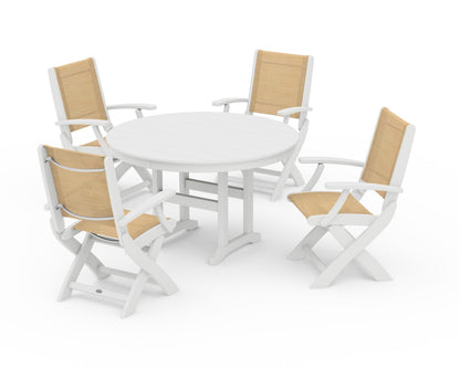 POLYWOOD® Coastal Folding Chair 5-Piece Round Dining Set in White / Dupioni Apricot Sling