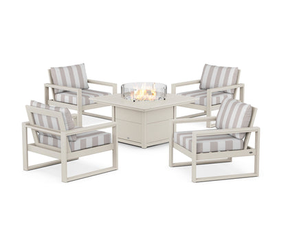 POLYWOOD® EDGE Sectional 5-Piece Deep Seating Set with Fire Pit Table in Sand / Cabana Stripe Dune Burlap