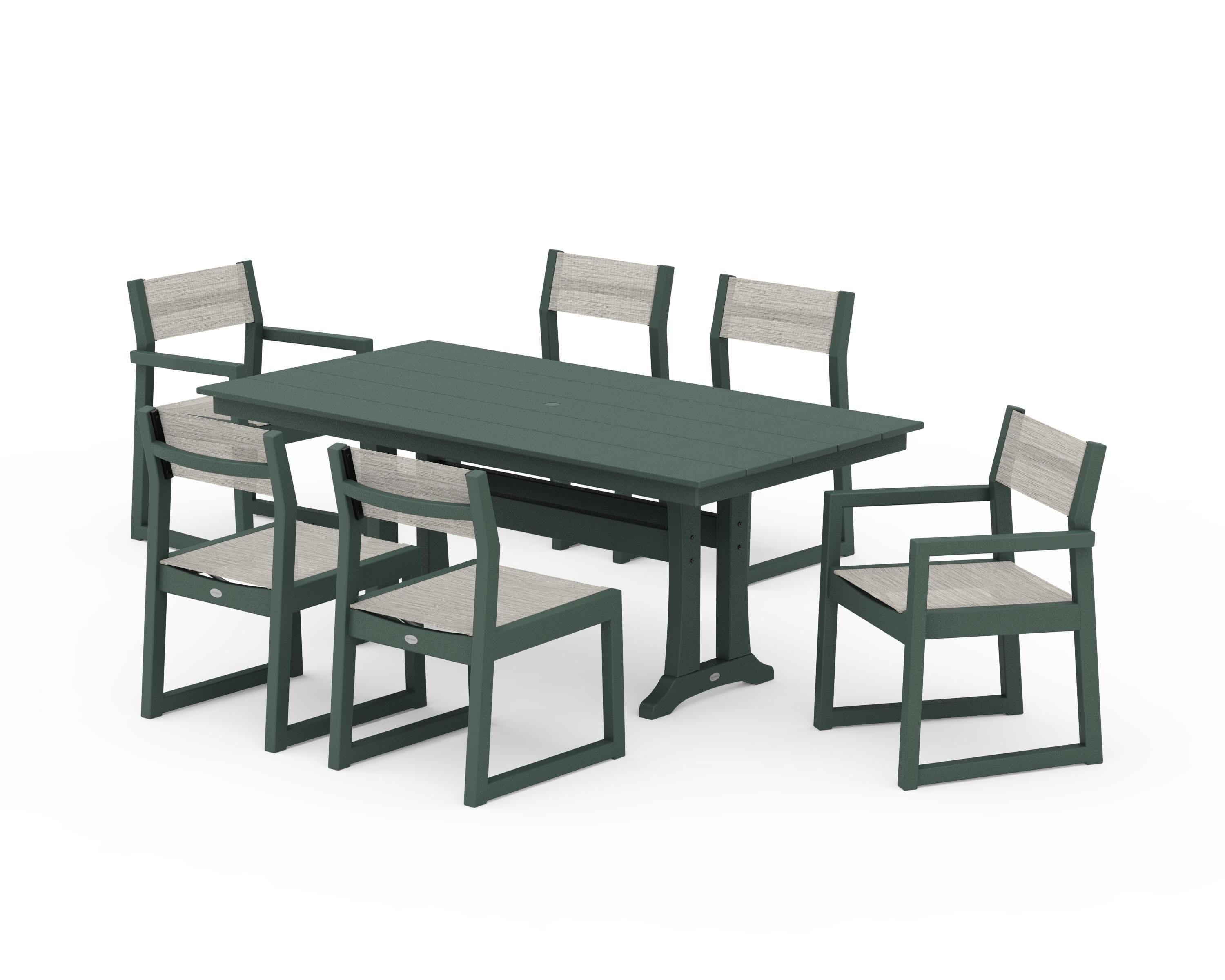 POLYWOOD® EDGE Sling 7-Piece Farmhouse Trestle Dining Set in Green / Birch Sling
