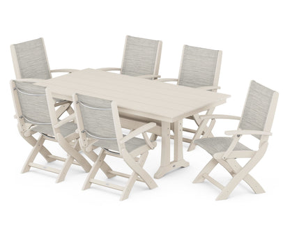 POLYWOOD® Coastal Folding Arm Chair 7-Piece Farmhouse Dining Set with Trestle Legs in Sand / Birch Sling