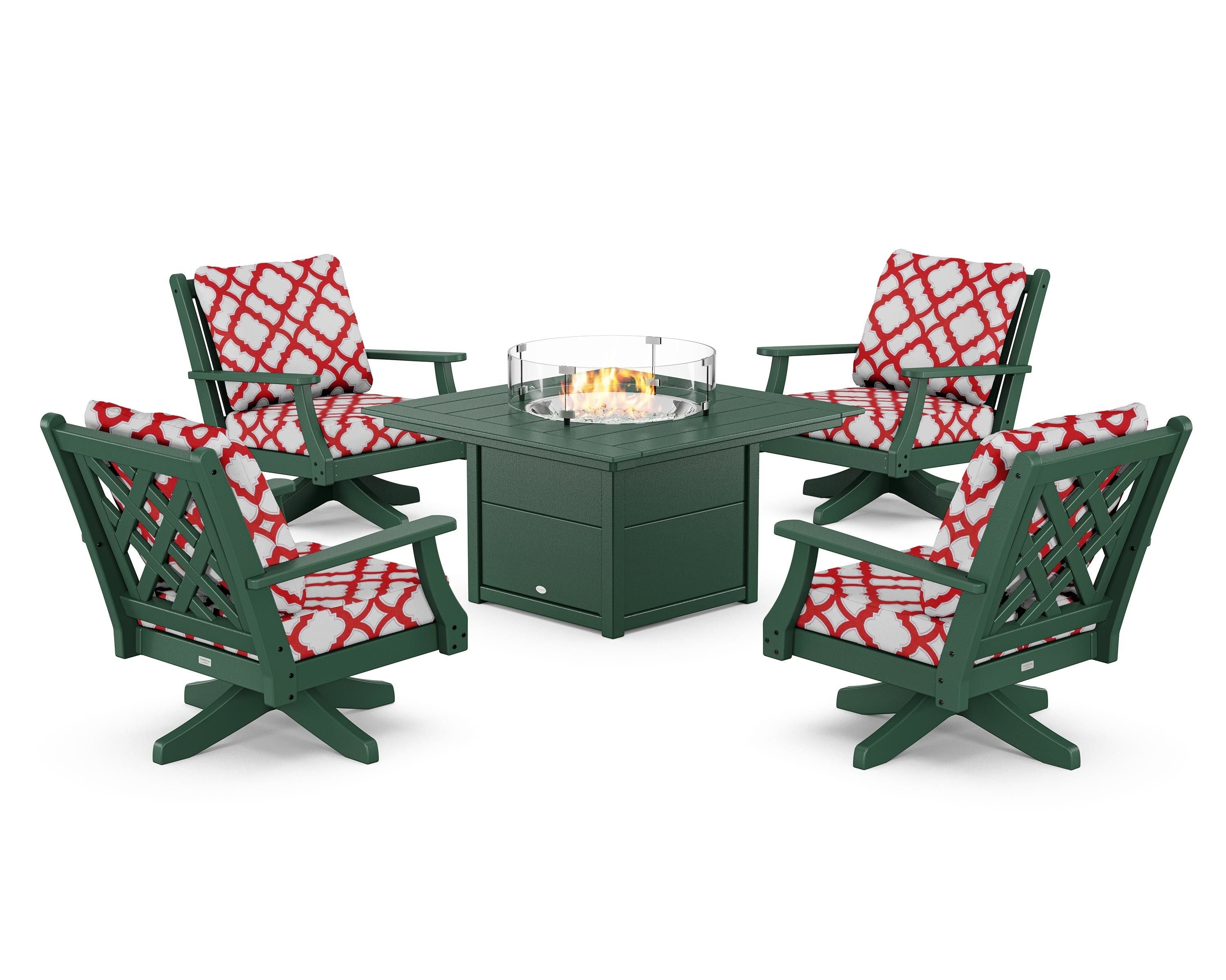 Country Living Wovendale 5-Piece Deep Seating Swivel Conversation Set with Fire Pit Table in Green / Trellis Crimson