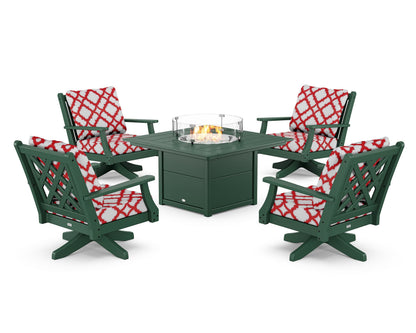 Country Living Wovendale 5-Piece Deep Seating Swivel Conversation Set with Fire Pit Table in Green / Trellis Crimson