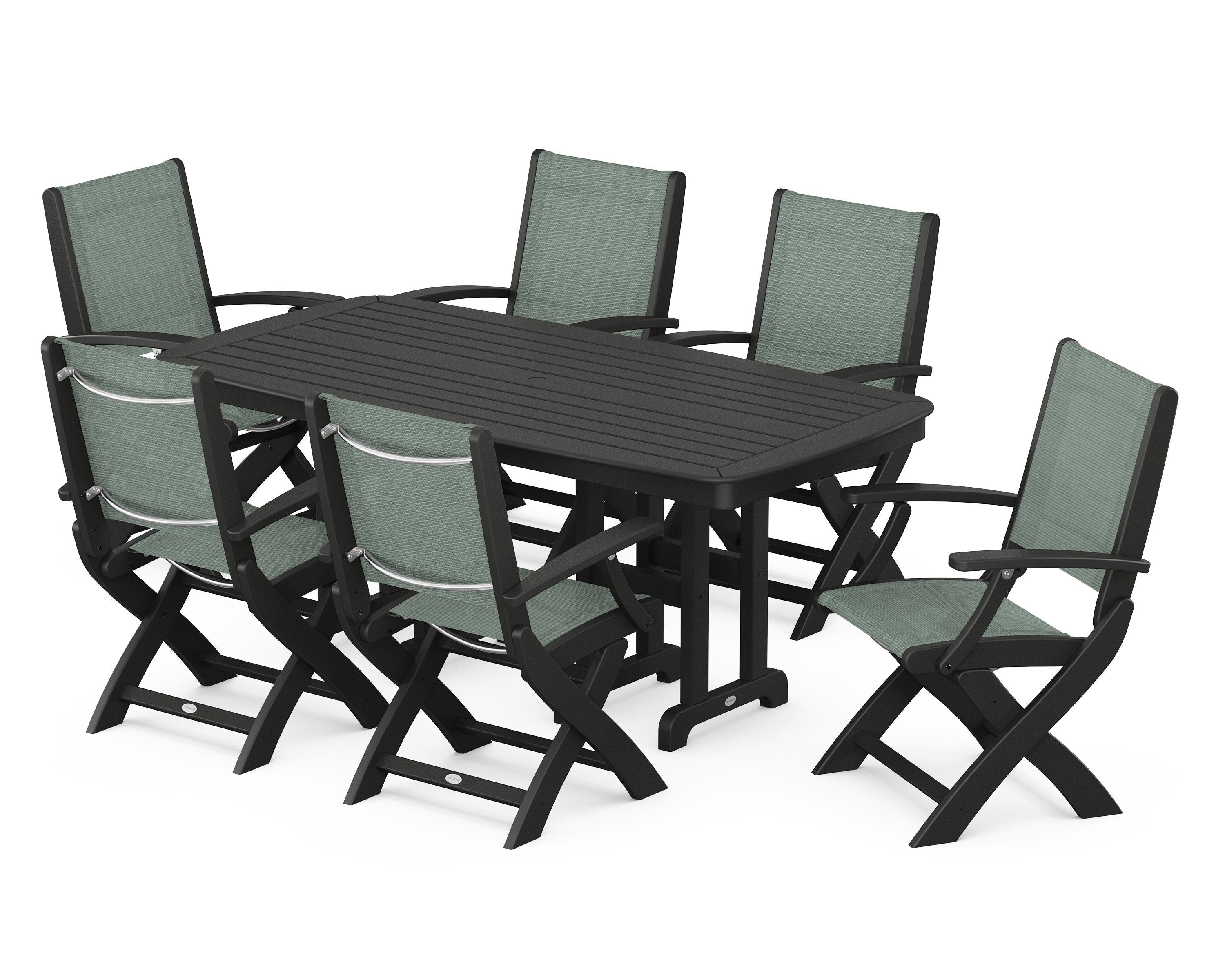 POLYWOOD® Coastal Folding Arm Chair 7-Piece Dining Set in Black / Dupioni Sea Mist Sling