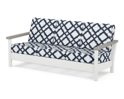 POLYWOOD® Harbour Deep Seating Sofa in White / Driftwood / Trellis Marine Indigo