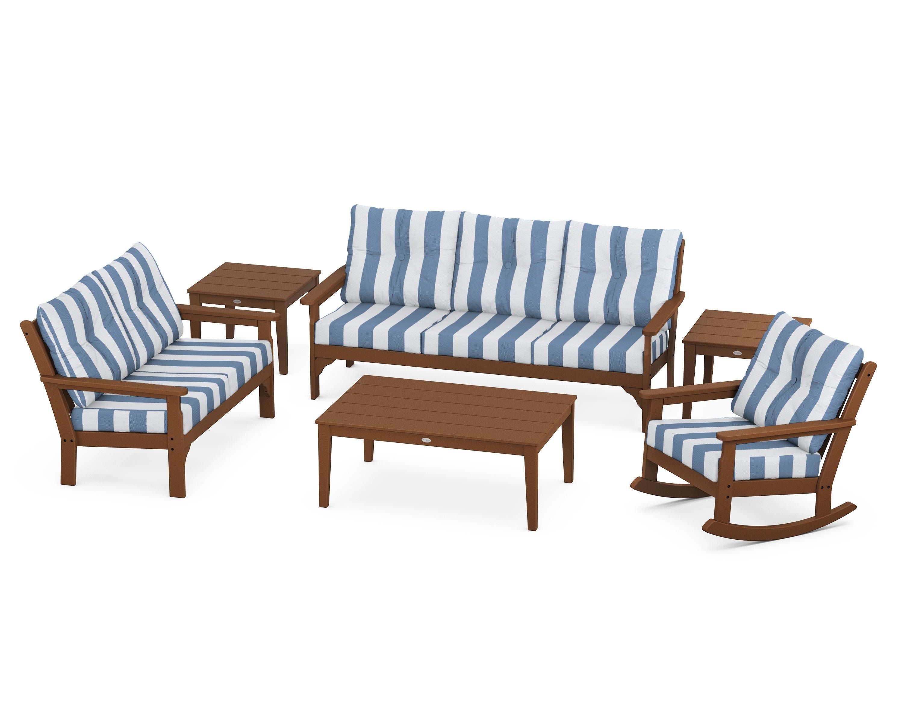 POLYWOOD® Vineyard 6-Piece Deep Seating Set in Teak / Cabana Stripe Sky Blue