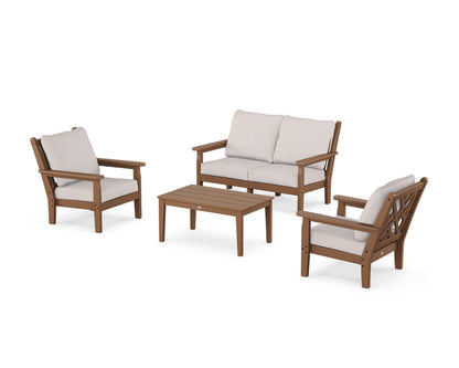 POLYWOOD® Chippendale 4-Piece Deep Seating Set with Loveseat in Teak / Dune Burlap