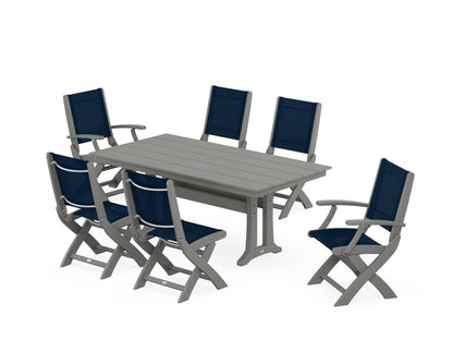 POLYWOOD® Coastal Folding Chair 7-Piece Farmhouse Dining Set with Trestle Legs in Slate Grey / Navy Blue Sling